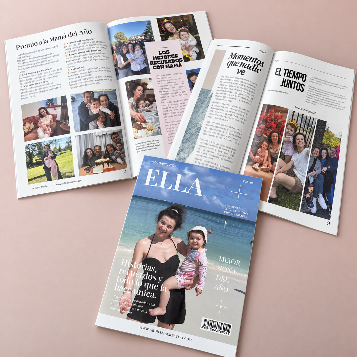 Fotorevista personalizada para mamá con portada y páginas interiores de fotos y recuerdos familiares.
